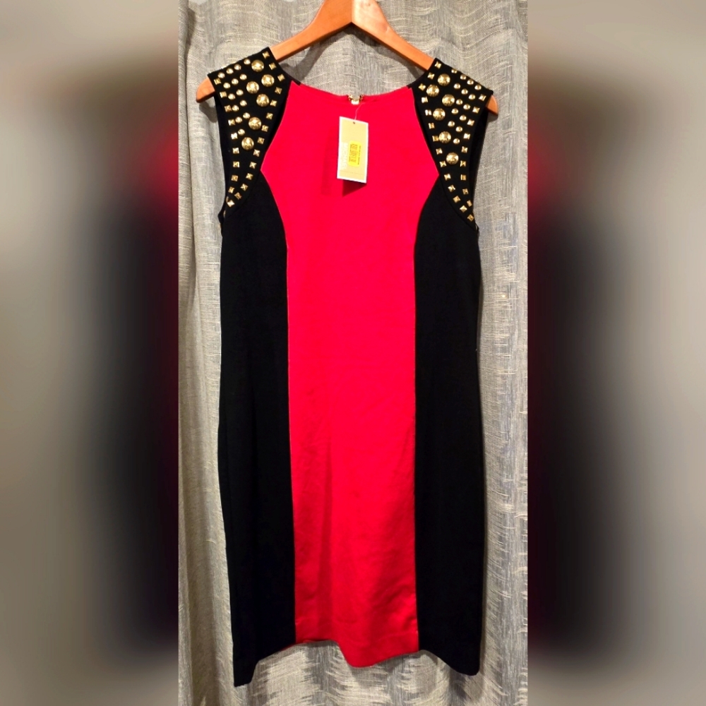 Red Black Gold Embellished Shoulder Cocktail Dress SZ 8